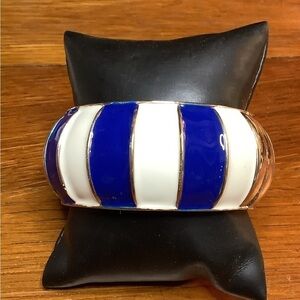 Amrita Singh Blue White Enamel Wide‎ Hinged Cuff Bracelet Signed Designer